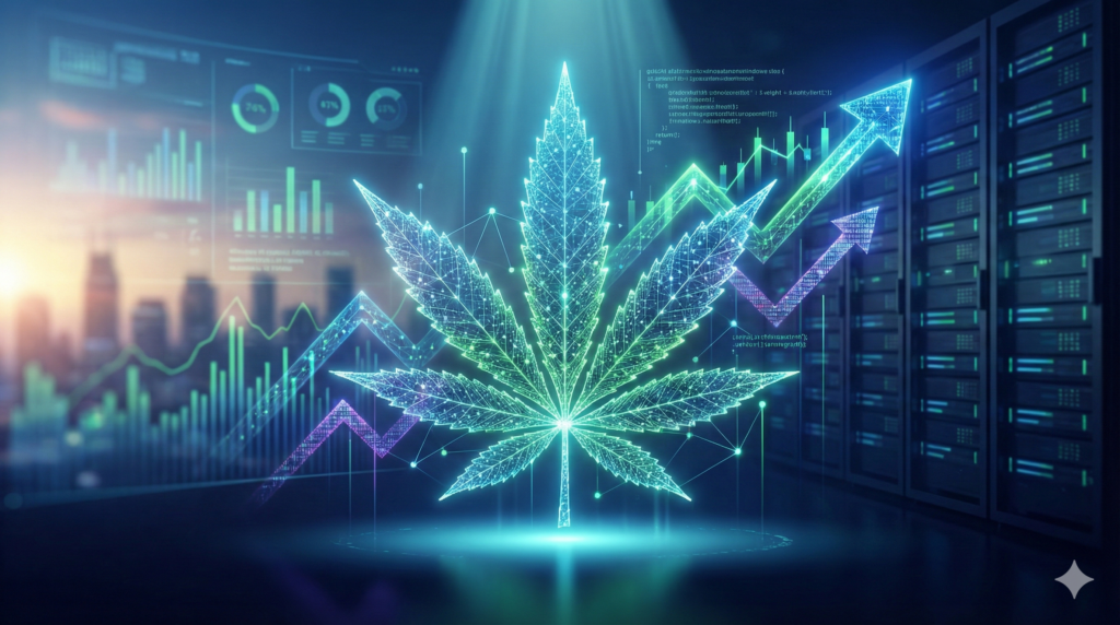 Ilustração futurista de uma folha de cannabis formada por conexões de dados luminosas, com gráficos de crescimento e análise de SEO ao fundo, representando a inteligência de dados no mercado canábico.