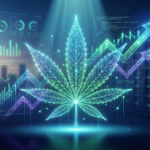 Ilustração futurista de uma folha de cannabis formada por conexões de dados luminosas, com gráficos de crescimento e análise de SEO ao fundo, representando a inteligência de dados no mercado canábico.