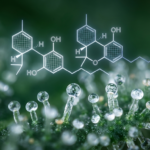 Foto macro científica e detalhada de tricomas glandulares de cannabis, que parecem bolhas de vidro translúcidas cheias de luz. Acima deles, uma projeção holográfica delicada de linhas brancas luminosas exibe as estruturas químicas do CBD e THC. O fundo é um borrão de folhagem verde profunda.