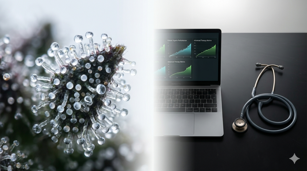 Uma composição editorial de tela dividida, fundida por um gradiente suave de luz. A metade esquerda é uma macrofotografia extrema de tricomas glandulares de cannabis translúcidos e brilhantes sob iluminação fria. A metade direita mostra um laptop MacBook Pro exibindo um painel de análise de tráfego orgânico com gráficos de linha ascendentes. Ao lado, um estetoscópio de aço escovado está enrolado em uma mesa preto fosco. Fotorealista. Estética de capa de revista médica.