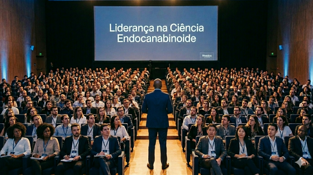 Foto em grande angular documental de um orador centralizado no palco de um auditório lotado, visto de costas e silhuetado. A grande tela de projeção exibe o texto "Liderança na Ciência Endocanabinoide" com o logotipo "Weedoo". O auditório está cheio com uma platéia profissional de diversas etnias, sob iluminação de palco quente.