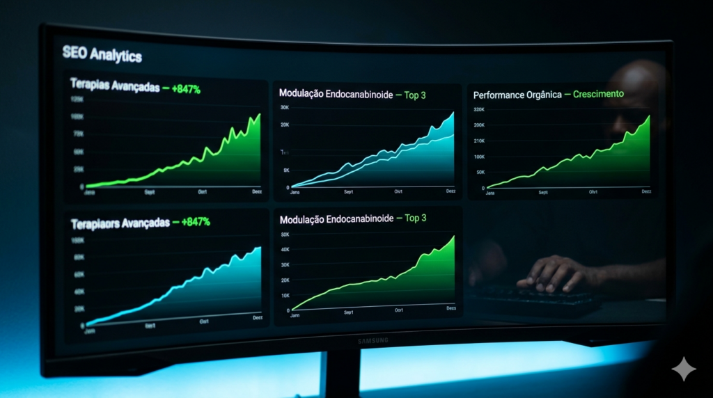 Close em um monitor ultrawide curvo em um escritório minimalista escuro, exibindo um painel de análise de SEO personalizado. Os gráficos de linha ascendentes em verde neon e ciano mostram métricas como "Terapias Avançadas — +847%", "Modulação Endocanabinoide — Top 3" e "Performance Orgânica". Foco nítido no centro da tela com reflexos sutis de uma mão perto do teclado.