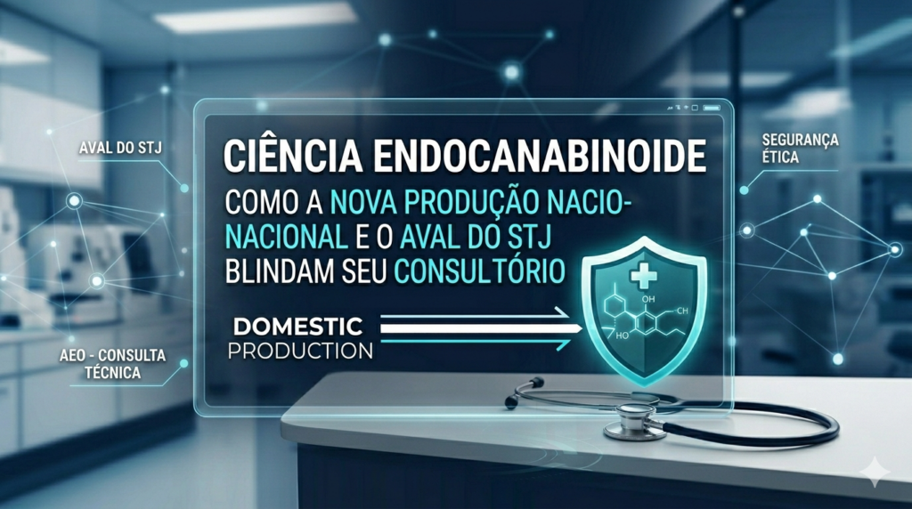 Imagem de capa de artigo com design corporativo e clínico de alto nível, em tons de azul-marinho profundo e ciano luminoso. No centro, uma molécula complexa flutua dentro de um escudo protetor transparente e radiante, simbolizando a blindagem regulatória (STJ, Anvisa, CFM). À esquerda, o fluxo caótico e burocrático da importação global é bloqueado e redirecionado pelo escudo, transformando-se em um fluxo de 'Produção Nacional' ágil e limpo. Ao redor, ícones de autoridade flutuam, como 'CONTEÚDO EDUCATIVO', 'AEO - CONSULTA TÉCNICA' e 'DADOS ESTRUTURADOS'. No fundo, uma sala de cirurgia moderna e laboratórios de pesquisa, transmitindo inovação e segurança para o paciente de alta performance.