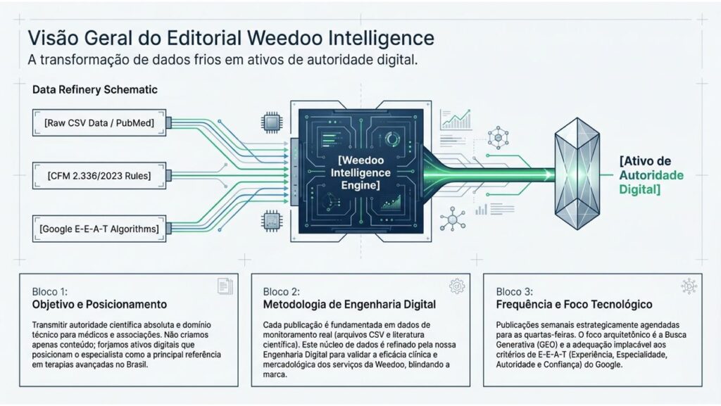 Diagrama Data Refinery Schematic da Weedoo: entradas de dados brutos (PubMed, CFM 2.336/2023, algoritmos E-E-A-T do Google) processadas pelo Weedoo Intelligence Engine para gerar Ativos de Autoridade Digital.