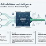Diagrama Data Refinery Schematic da Weedoo: entradas de dados brutos (PubMed, CFM 2.336/2023, algoritmos E-E-A-T do Google) processadas pelo Weedoo Intelligence Engine para gerar Ativos de Autoridade Digital.