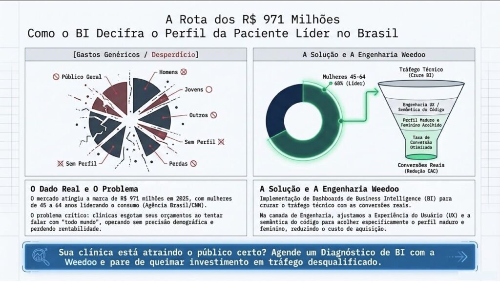 Infográfico comparativo Weedoo: à esquerda, gráfico de gastos genéricos mostrando dispersão de investimento em público geral sem segmentação; à direita, funil de conversão demonstrando como mulheres de 45 a 64 anos (68% líder) são convertidas via Engenharia UX e dashboards de BI.
