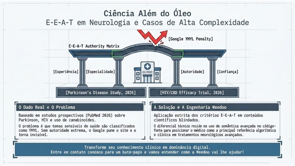 Diagrama arquitetônico da E-E-A-T Authority Matrix Weedoo: quatro pilares (Experiência, Especialidade, Autoridade, Confiança) sustentando uma clínica médica contra a penalidade YMYL do Google, com base em estudos de Parkinson e HIV/CBD de 2026 como fundação científica.