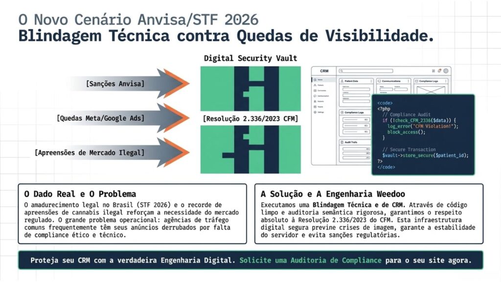 Diagrama Digital Security Vault da Weedoo: três vetores de ameaça (Sanções Anvisa, Quedas Meta/Google Ads, Apreensões de Mercado Ilegal) bloqueados pela Resolução 2.336/2023 CFM, com código PHP de auditoria de compliance e CRM de dados de pacientes protegidos.