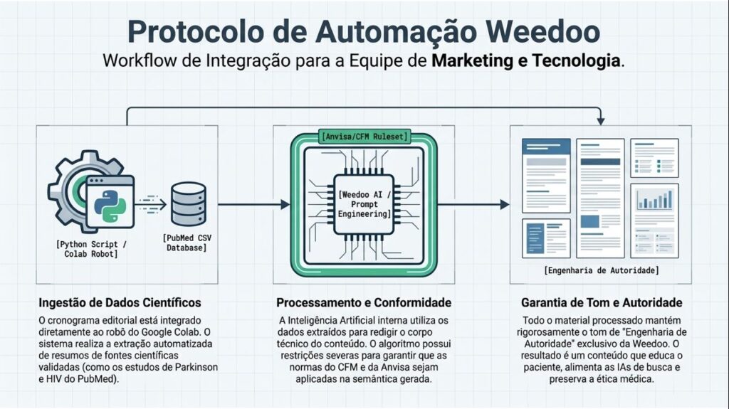 Fluxograma do Protocolo de Automação Weedoo em três estágios: Ingestão de Dados Científicos (Python Script/Colab Robot extrai resumos do PubMed CSV Database), Processamento e Conformidade (Weedoo AI/Prompt Engineering com restrições Anvisa/CFM Ruleset), e Garantia de Tom e Autoridade (output em Engenharia de Autoridade — conteúdo que educa, alimenta IAs de busca e preserva a ética médica).