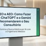 Esta imagem apresenta uma tela digital elegante em um ambiente clínico moderno e bem iluminado. O texto principal é perfeitamente legível e está grafado corretamente em português, como solicitado: "GEO e AEO: Como Fazer o ChatGPT e o Gemini Recomendarem o Seu Consultório", seguido pelo subtítulo: "Domine a Busca Médica por IA com a Engenharia Weedoo". O design visual e as cores (azuis e verdes confiáveis) foram escolhidos para transmitir credibilidade e a fusão de medicina e alta tecnologia que o artigo discute.