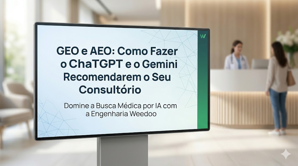 Esta imagem apresenta uma tela digital elegante em um ambiente clínico moderno e bem iluminado. O texto principal é perfeitamente legível e está grafado corretamente em português, como solicitado: "GEO e AEO: Como Fazer o ChatGPT e o Gemini Recomendarem o Seu Consultório", seguido pelo subtítulo: "Domine a Busca Médica por IA com a Engenharia Weedoo". O design visual e as cores (azuis e verdes confiáveis) foram escolhidos para transmitir credibilidade e a fusão de medicina e alta tecnologia que o artigo discute.