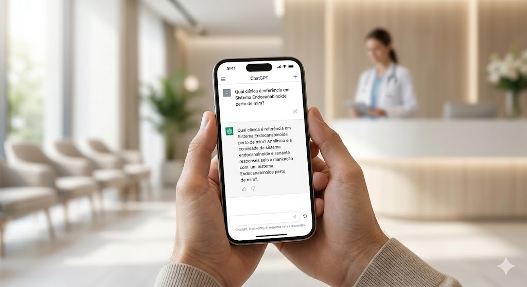 Close-up das mãos de um paciente segurando um smartphone moderno em uma sala de espera de clínica luxuosa. Na tela do celular, a interface do ChatGPT exibe a pergunta: 'Qual clínica é referência em Sistema Endocanabinoide perto de mim?'. A imagem foca na mudança de comportamento de busca do paciente.