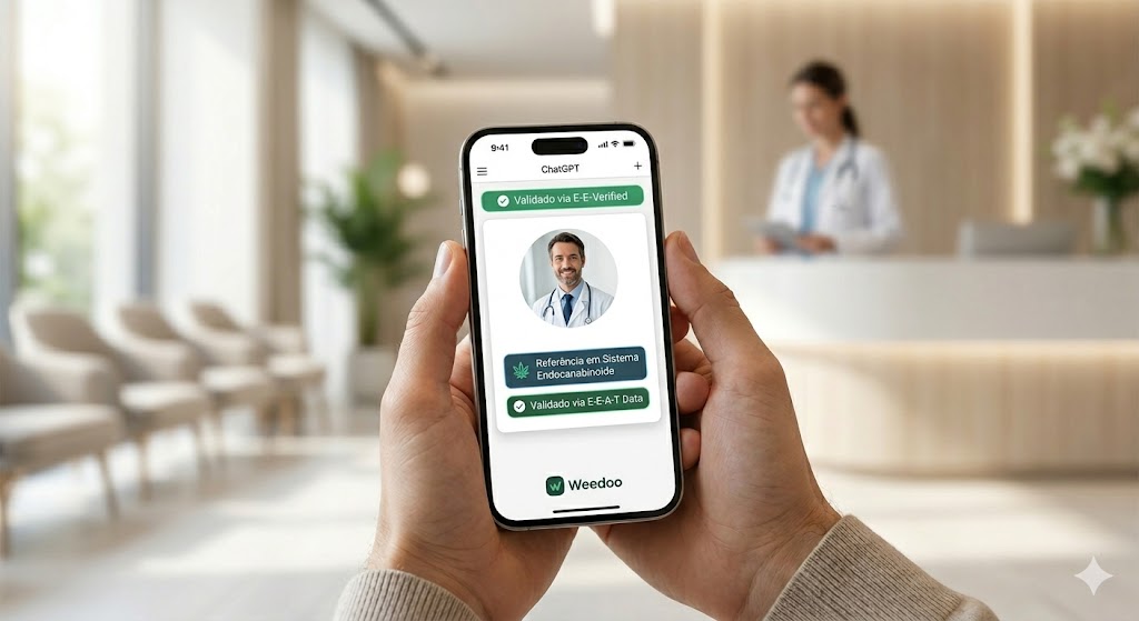 Fotografia em close-up das mãos de um paciente, similar à primeira imagem, segurando o smartphone no ambiente clínico elegante. A tela do celular agora exibe uma recomendação final e limpa da IA, destacando o perfil de um médico específico como 'Referência em Sistema Endocanabinoide' e validado por dados, com o logo da Weedoo visível na base do resultado. Representa o sucesso do AEO.