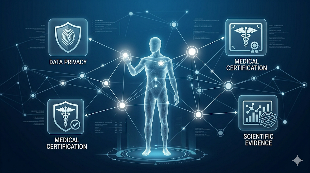 Arte conceitual digital de uma interface de busca alimentada por IA. No centro, a silhueta holográfica de um paciente interagindo com nós de dados médicos flutuantes em tons de branco e azul suave. Ícones minimalistas representando privacidade de dados, certificação médica e evidências científicas orbitam a cena. Estilo futurista, sofisticado e limpo, enfatizando a precisão técnica e a pesquisa médica avançada.