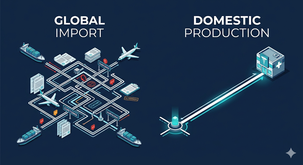 Uma imagem simples comparando o fluxo complexo da importação vs. a agilidade da produção nacional, autorizada pelo STJ.