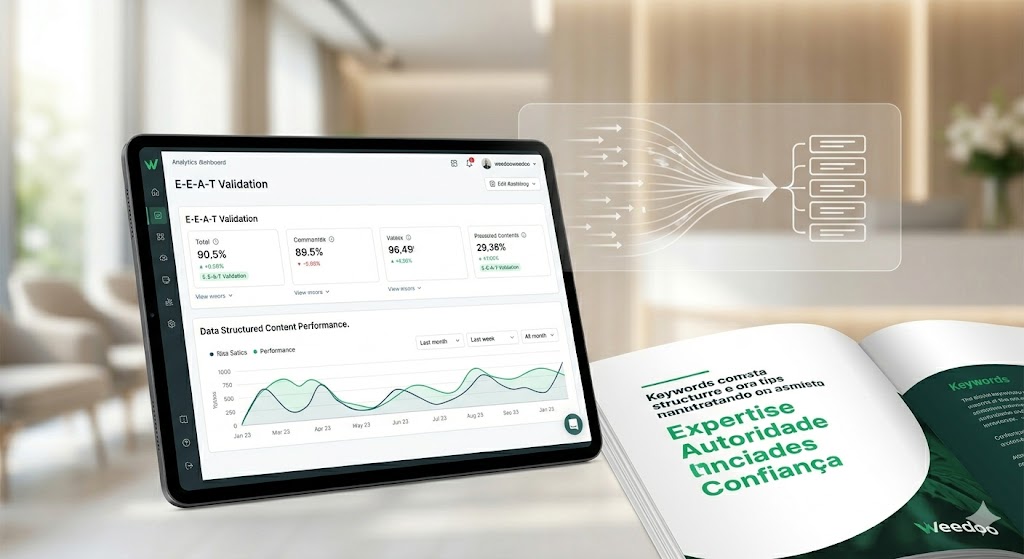 Fotografia profissional mostrando um tablet com um painel de análise de dados de alto desempenho em um consultório médico elegante. O dashboard foca nos critérios 'E-E-A-T'. Ao lado, um relatório impresso destaca os pilares 'Expertise', 'Autoridade' e 'Confiança' com o logo da Weedoo, simbolizando a validação técnica exigida pelas IAs.