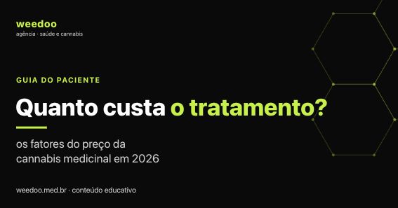 Capa do guia sobre quanto custa o tratamento com cannabis medicinal, da Agência Weedoo, fundo escuro e verde-limão.
