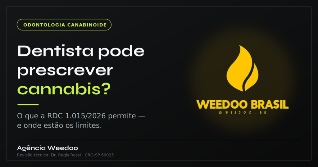 Banner com fundo escuro abordando a odontologia canabinoide. No canto superior esquerdo, há uma etiqueta com o texto 'ODONTOLOGIA CANABINOIDE'. Abaixo, o título principal pergunta 'Dentista pode prescrever cannabis?', com a palavra 'cannabis' destacada em tom verde-amarelado. Na sequência, o subtítulo informa: 'O que a RDC 1.015/2026 permite — e onde estão os limites.'. No canto inferior esquerdo, consta a assinatura 'Agência Weedoo' acompanhada da nota 'Revisão técnica: Dr. Regis Rossi · CRO-SP 69025'. Do lado direito, exibe-se o logotipo da Weedoo Brasil, representado por uma chama amarela iluminada, com a identificação '@WEEDOO_BR' logo abaixo.