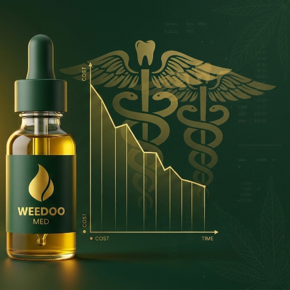 A imagem criada traz elementos visuais sofisticados que representam a cannabis terapêutica e a acessibilidade financeira (gráfico sutil de tendência), com o fundo em verde escuro corporativo.