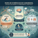 Infográfico em português intitulado 'MAPA DE EVIDÊNCIAS DO CANABIDIOL: CONTEXTUALIZANDO O CONHECIMENTO CIENTÍFICO'. O design assemelha-se a um mapa topográfico com caminhos sinuosos, onde diferentes condições de saúde são mapeadas com o nível de evidência científica para o uso de canabidiol. No topo central, 'FORMAS RARAS E GRAVES DE EPILEPSIA (Medicamento Aprovado)' é ilustrado por um cérebro e uma garrafa labeled 'APROVADO POR AGÊNCIAS DE SAÚDE', com a classificação 'EVIDÊNCIA CIENTÍFICA FORTE (Ensaios Clínicos Consolidados)'. No lado esquerdo, 'ANSIEDADE' é mostrada com uma mulher estressada e a classificação 'EVIDÊNCIA PRELIMINAR / EM ESTUDO (Resultados Mistos)', citando uma Revisão Sistemática (2023). No lado direito, 'DOR (Nociceptiva e Neuropática)' é ilustrada por joelhos e uma coluna, classificada como 'EVIDÊNCIA INSUFICIENTE / INDIVIDUAL (Uso Experimental)', com um Estudo de Coorte (2022). Na parte inferior central, 'SONO' é representado por uma lua e estrelas, com a classificação 'EVIDÊNCIA INSUFICIENTE / EXPERIMENTAL'. Pequenas ilustrações de folhas de maconha e moléculas de CBD estão espalhadas pelos caminhos do mapa. A parte inferior apresenta um selo de 'AVISO MÉDICO IMPORTANTE' e o texto 'NADA SUBSTITUI A AVALIAÇÃO DE UM MÉDICO. A ESCOLHA DO PRODUTO E DOSE É INDIVIDUAL', junto com uma ilustração de um médico e um paciente conversando.