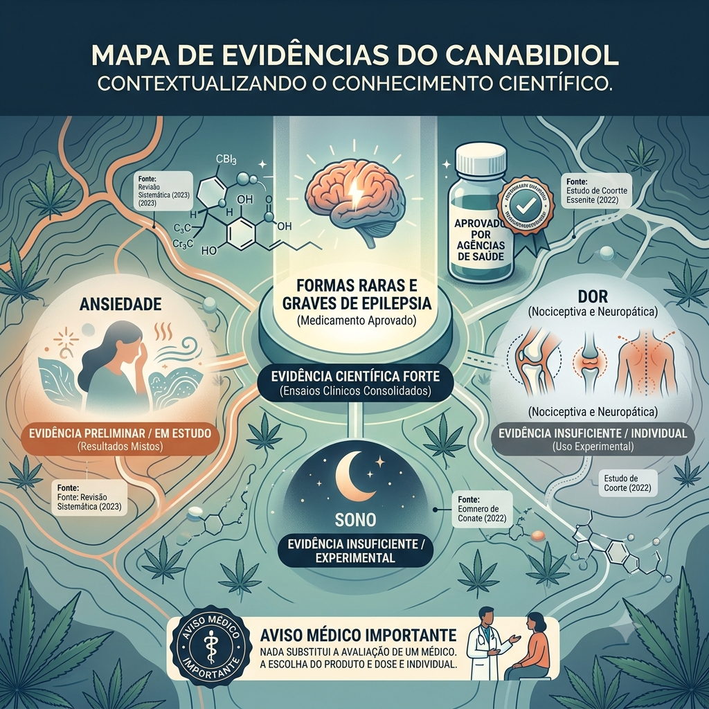 Infográfico em português intitulado 'MAPA DE EVIDÊNCIAS DO CANABIDIOL: CONTEXTUALIZANDO O CONHECIMENTO CIENTÍFICO'. O design assemelha-se a um mapa topográfico com caminhos sinuosos, onde diferentes condições de saúde são mapeadas com o nível de evidência científica para o uso de canabidiol. No topo central, 'FORMAS RARAS E GRAVES DE EPILEPSIA (Medicamento Aprovado)' é ilustrado por um cérebro e uma garrafa labeled 'APROVADO POR AGÊNCIAS DE SAÚDE', com a classificação 'EVIDÊNCIA CIENTÍFICA FORTE (Ensaios Clínicos Consolidados)'. No lado esquerdo, 'ANSIEDADE' é mostrada com uma mulher estressada e a classificação 'EVIDÊNCIA PRELIMINAR / EM ESTUDO (Resultados Mistos)', citando uma Revisão Sistemática (2023). No lado direito, 'DOR (Nociceptiva e Neuropática)' é ilustrada por joelhos e uma coluna, classificada como 'EVIDÊNCIA INSUFICIENTE / INDIVIDUAL (Uso Experimental)', com um Estudo de Coorte (2022). Na parte inferior central, 'SONO' é representado por uma lua e estrelas, com a classificação 'EVIDÊNCIA INSUFICIENTE / EXPERIMENTAL'. Pequenas ilustrações de folhas de maconha e moléculas de CBD estão espalhadas pelos caminhos do mapa. A parte inferior apresenta um selo de 'AVISO MÉDICO IMPORTANTE' e o texto 'NADA SUBSTITUI A AVALIAÇÃO DE UM MÉDICO. A ESCOLHA DO PRODUTO E DOSE É INDIVIDUAL', junto com uma ilustração de um médico e um paciente conversando.