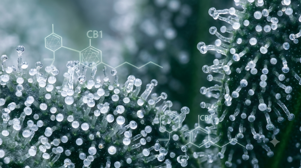 Fotografia macro extrema de tricomas de Cannabis sativa vistos como esferas cristalinas translúcidas, sobre fundo escuro em tons de verde botânico profundo e azul ardósia. Uma sobreposição holográfica científica sutil projeta estruturas moleculares dos receptores CB1 e CB2 como delicadas armações de arame luminosas flutuando acima dos tricomas. Iluminação fria de estúdio, estética editorial médica, sem folhas visíveis, apenas tricomas.