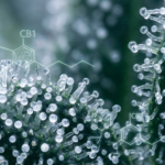 Fotografia macro extrema de tricomas de Cannabis sativa vistos como esferas cristalinas translúcidas, sobre fundo escuro em tons de verde botânico profundo e azul ardósia. Uma sobreposição holográfica científica sutil projeta estruturas moleculares dos receptores CB1 e CB2 como delicadas armações de arame luminosas flutuando acima dos tricomas. Iluminação fria de estúdio, estética editorial médica, sem folhas visíveis, apenas tricomas.