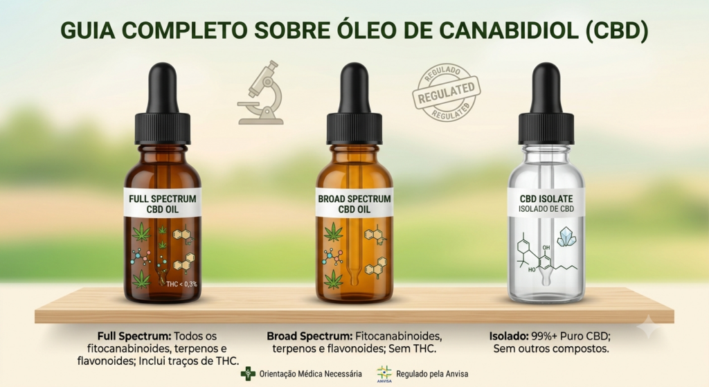 Introdução
O óleo de canabidiol é a forma mais comum de uso do CBD no Brasil: um extrato da Cannabis sativa diluído em um óleo veículo, geralmente administrado em gotas sob a língua. Se você ainda tem dúvida sobre o que é o canabidiol em si, comece pelo nosso guia Canabidiol (CBD): o que é e para que serve — aqui partimos do princípio de que você já conhece o básico e vamos direto ao que é específico do óleo.
Para que serve o óleo de canabidiol? Ele é o veículo pelo qual o CBD é usado no manejo das condições em que há evidência — as mesmas descritas no hub. O que muda, e o que este guia cobre, é o formato: os tipos de óleo (full spectrum, broad spectrum e isolado), como se usa, como ler um rótulo e o que a regulação exige. Nada aqui substitui a avaliação médica — a escolha do produto e da dose é sempre individual.