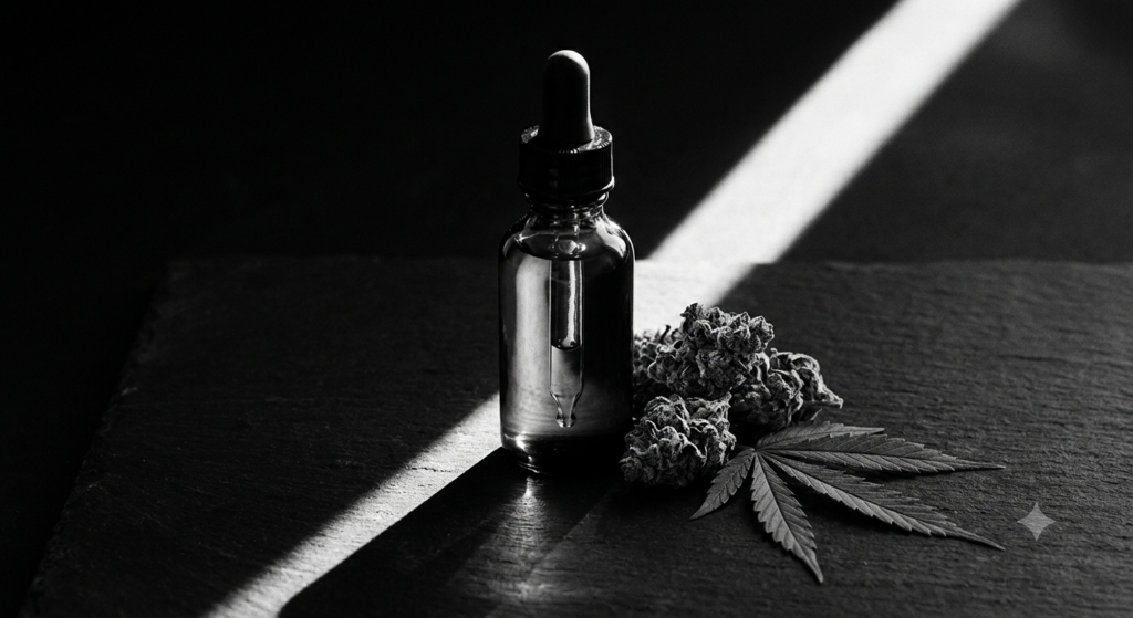 Fotografia de alto contraste em preto e branco de um frasco conta-gotas de vidro, botões de flor de cannabis e uma folha de cannabis sobre uma superfície de pedra escura, com um feixe de luz afiado cortando a cena e criando sombras dramáticas.