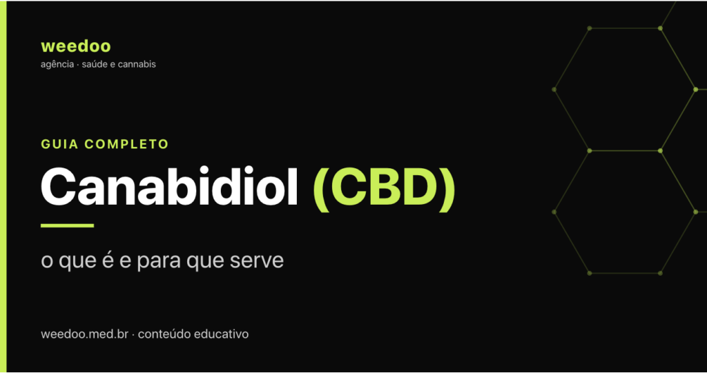 Ilustração de capa do guia sobre canabidiol (CBD) e seus usos, com motivo molecular e identidade visual da Weedoo.